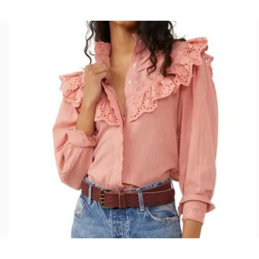 Free People X-Small Hit the Road Top Ruffle Button Puff Sleeve Lightweight Pink